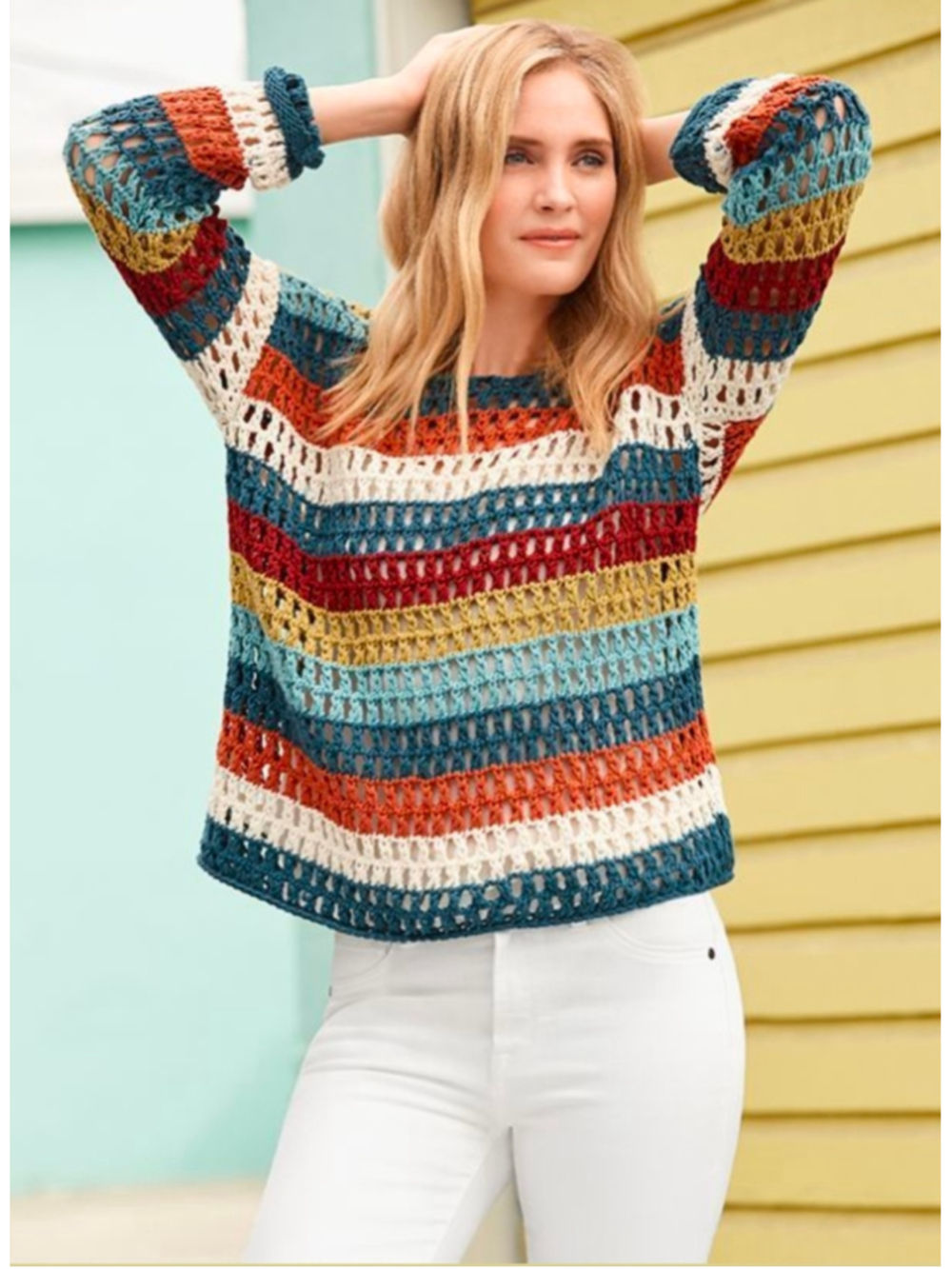 Johnny Was Striped Crochet Open Weave Boho Pullover Sweater Size S